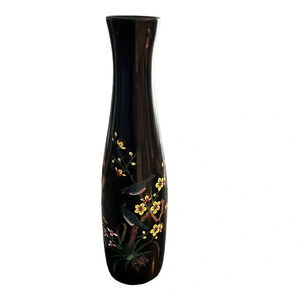 Vintage Lacquered Vase Black Wood Japan Birds Flowers  Butterfly 14”